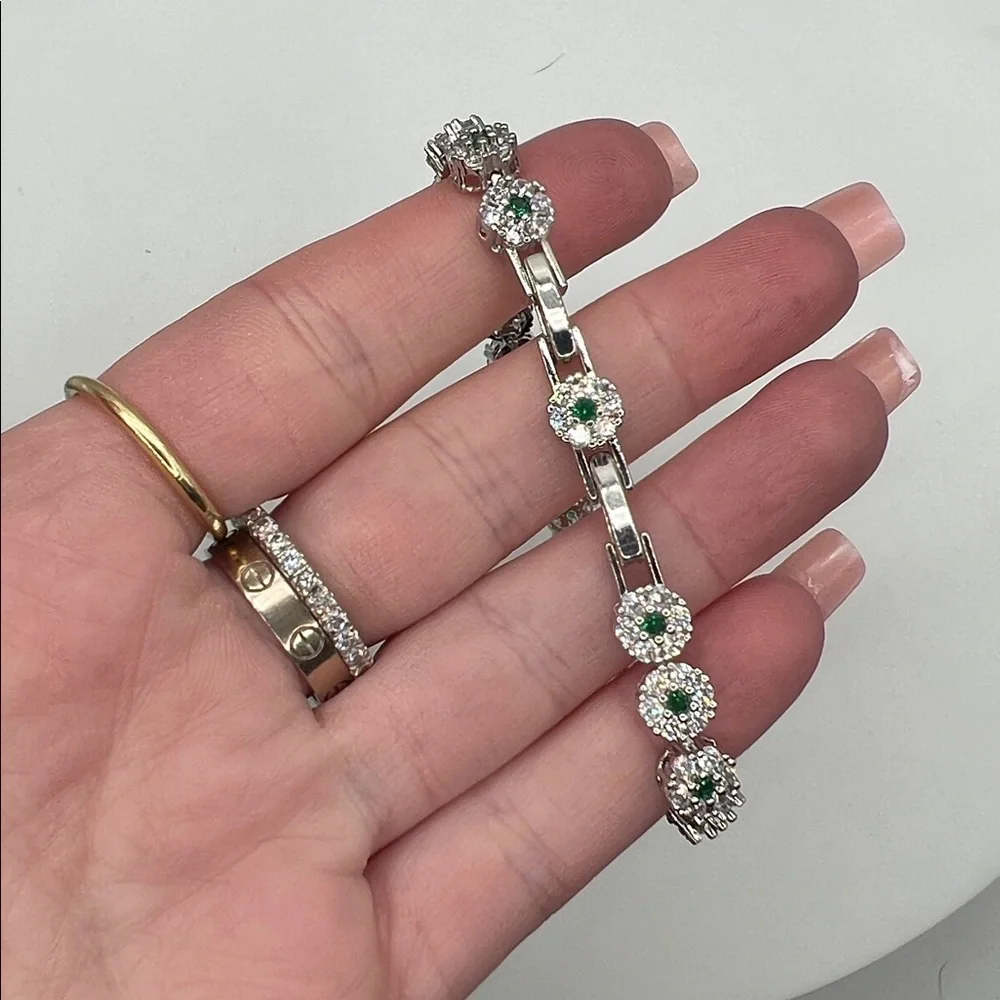 204. White Gold Plated Emerald and Crystal CZ’s 6 1/2” - 7”